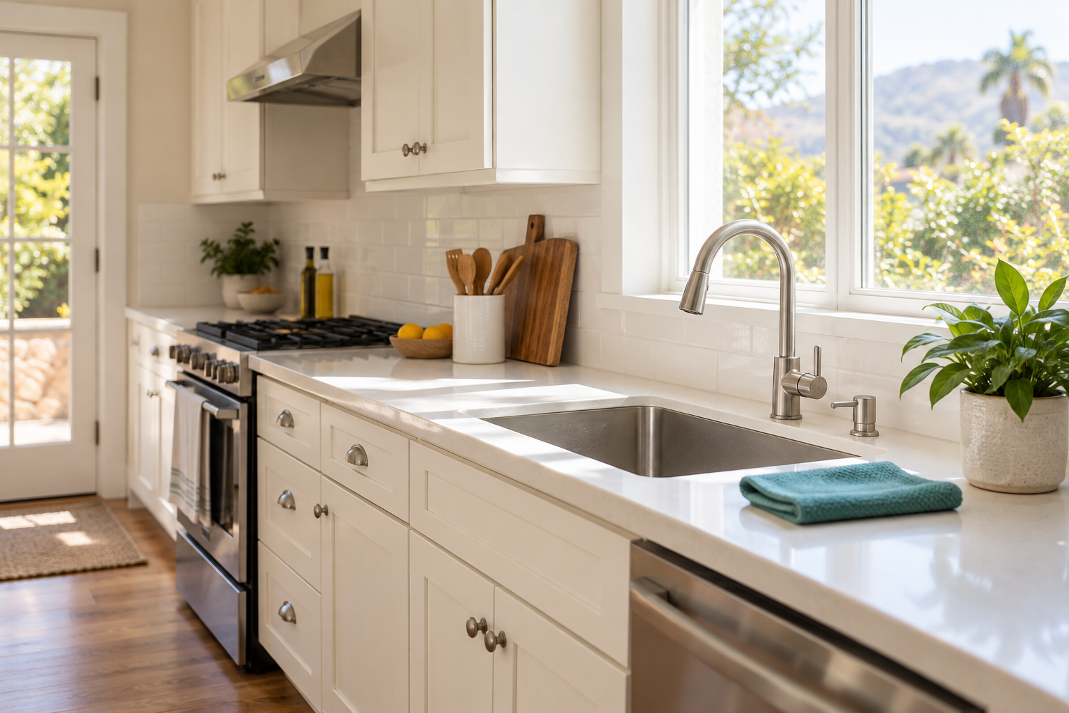 Sunlight across a clean kitchen counter