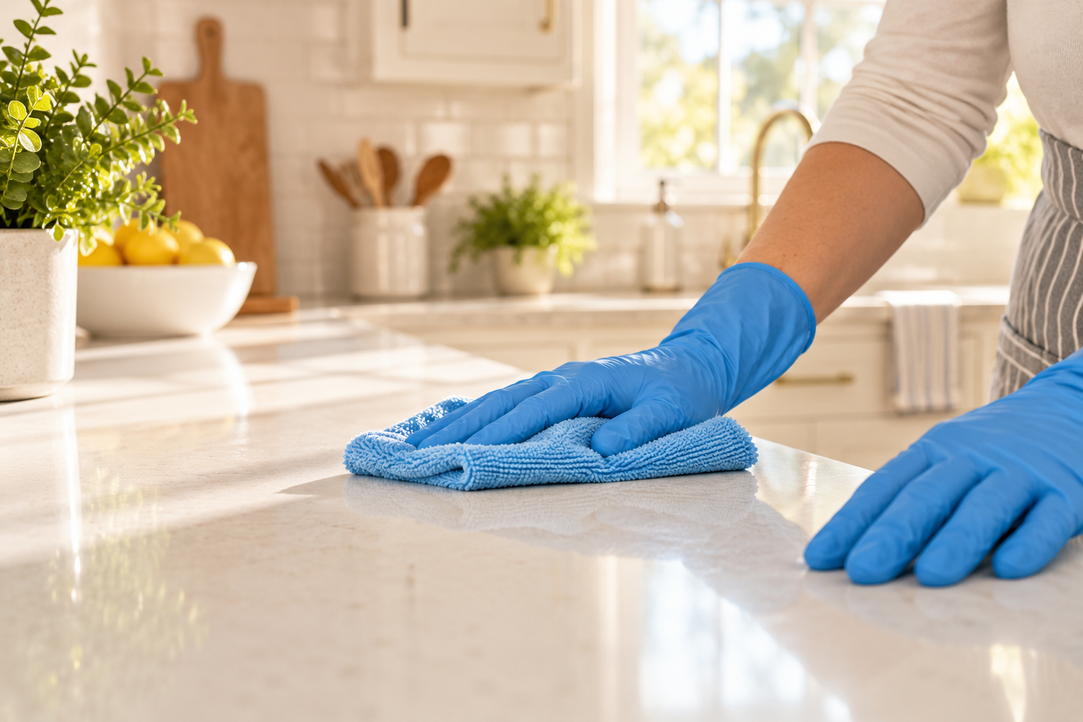 Blue-gloved hands wiping a kitchen counter