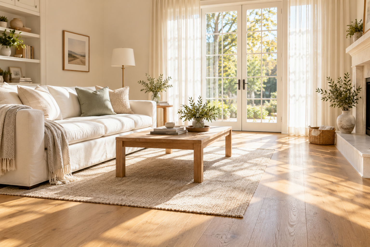 Warm sunlight over a tidy living room and oak floor